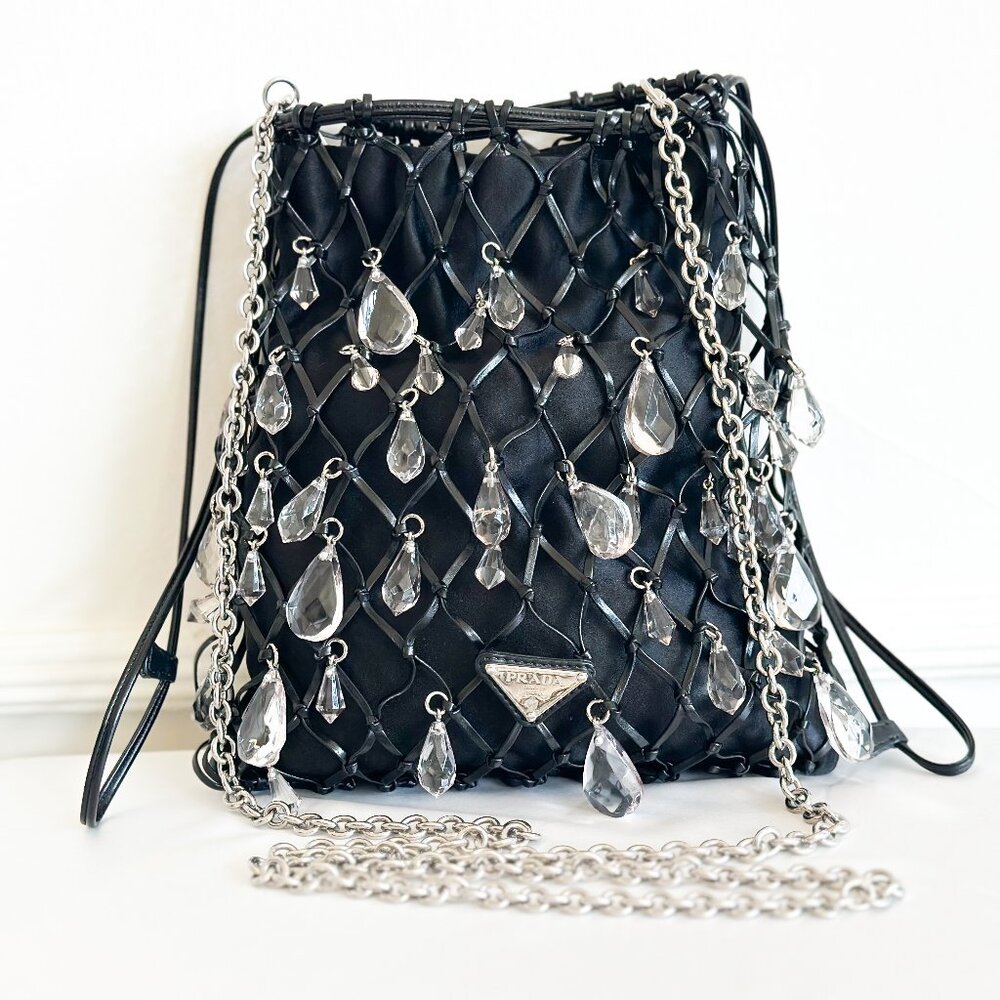 Rare Prada Jeweled-Embellished Drawstring Bag with Silver Chain